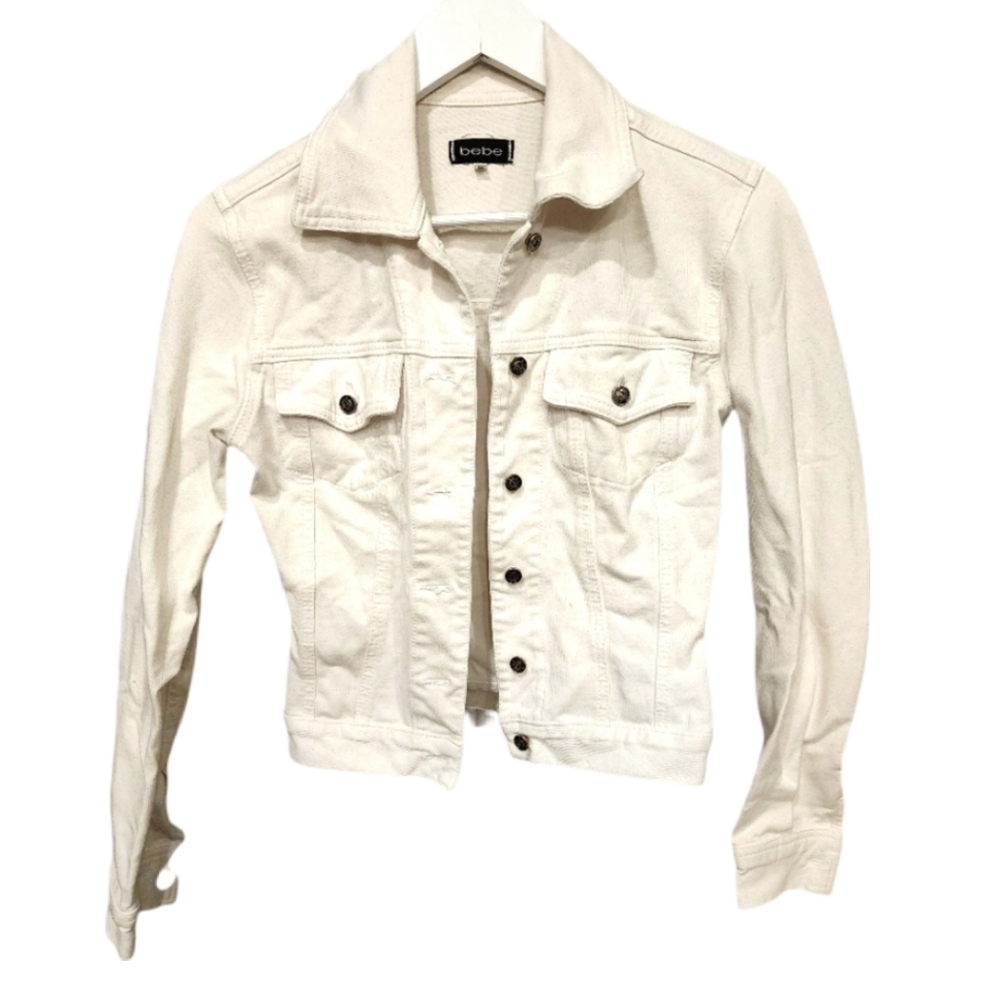 BEBE White Mini Cord Ribbed Stretch Jean Jacket Medium